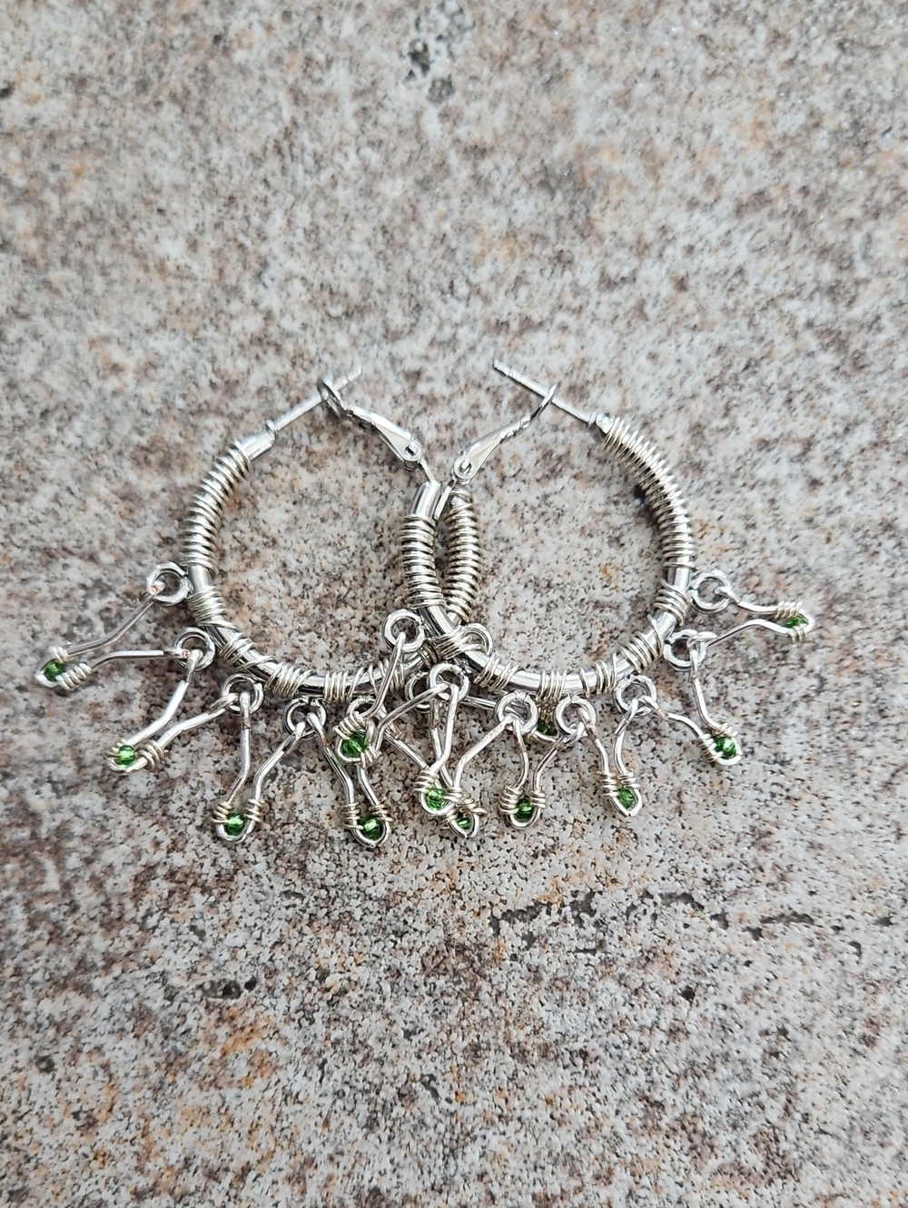 Handcrafted Silver Hoop Dangle Earrings with Green Periodot Accent Stones